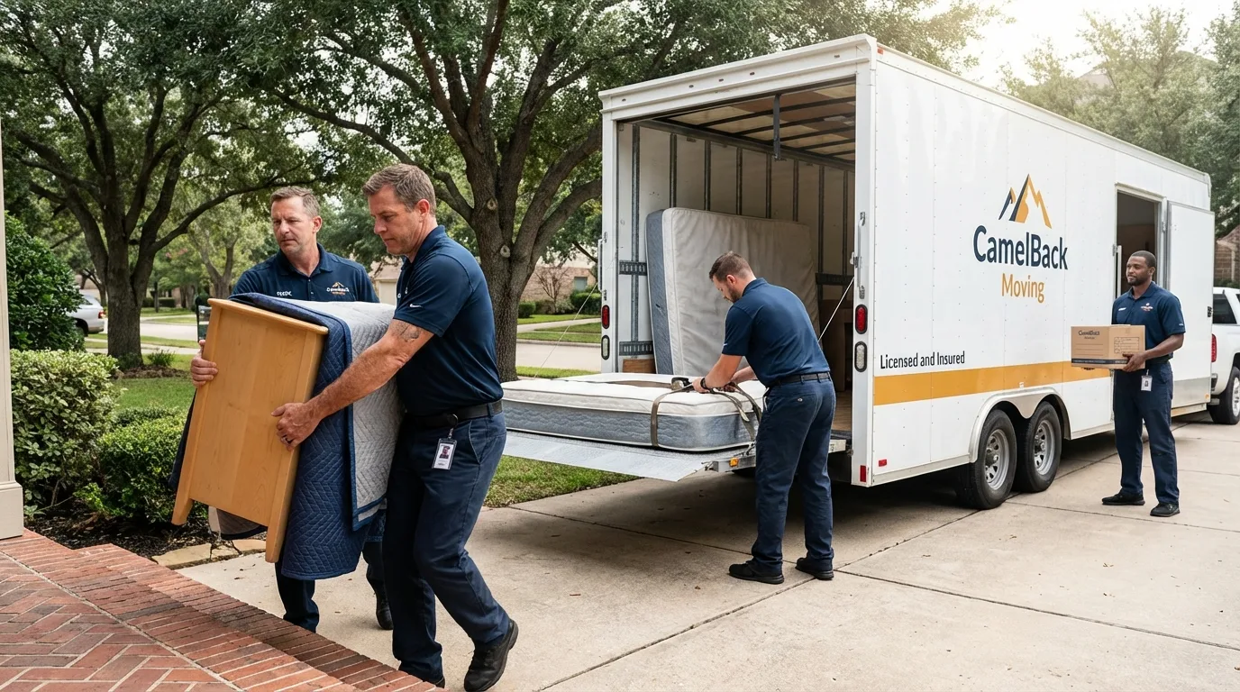 Crew loading residential truck for cross-state move from Panama, OK