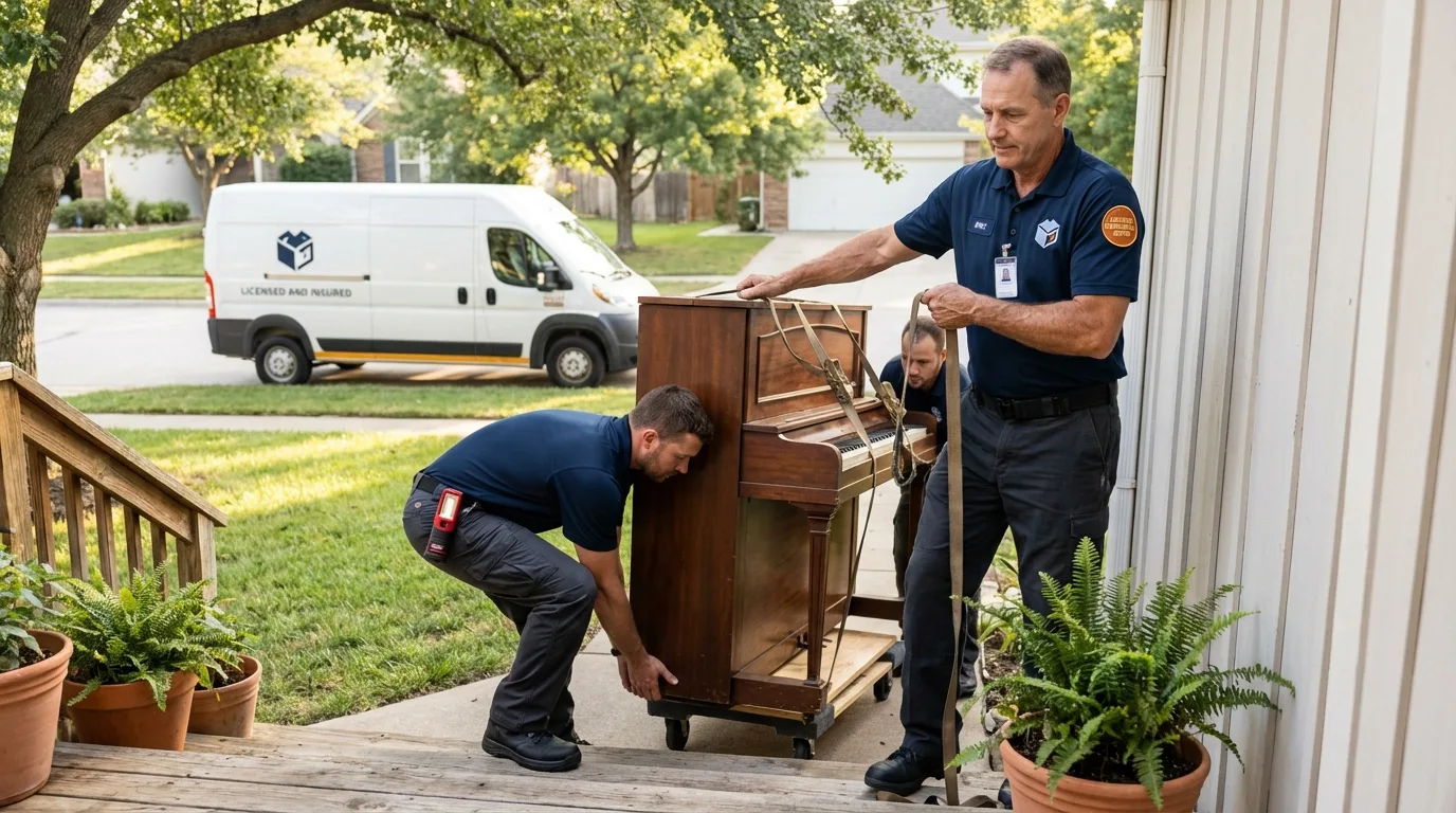 Licensed piano movers securing grand piano in Panama, OK