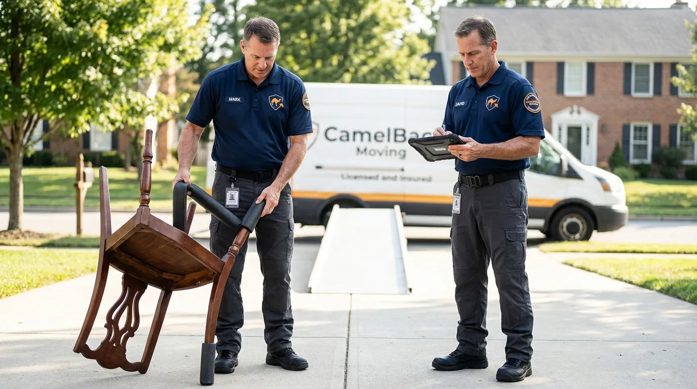 Movers inspecting furniture for damage prevention before loading in Panama, OK